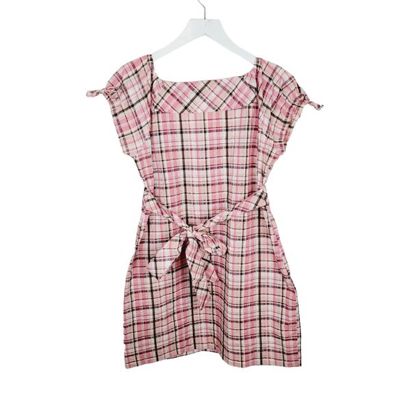 Majora Plaid Scoop Neck Shirt Dress Puff Sleeve Button Front Tie Waist - Size M - Picture 2 of 6